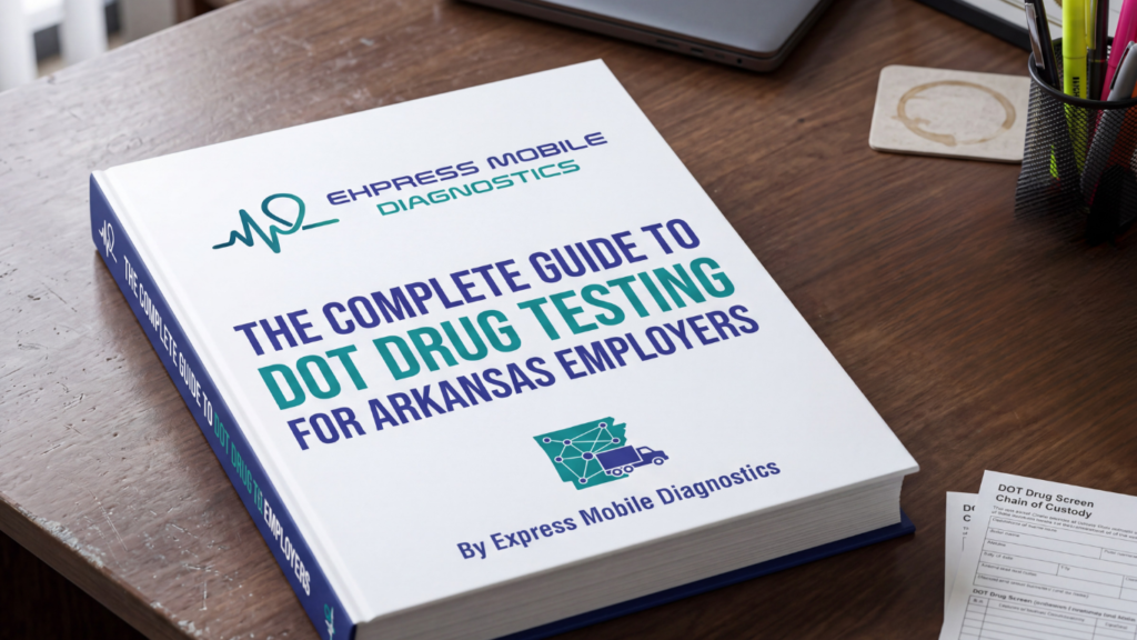 A book titled The Complete Guide to DOT Drug Testing for Arkansas Employers by Express Mobile Diagnostics lying on a wooden desk.